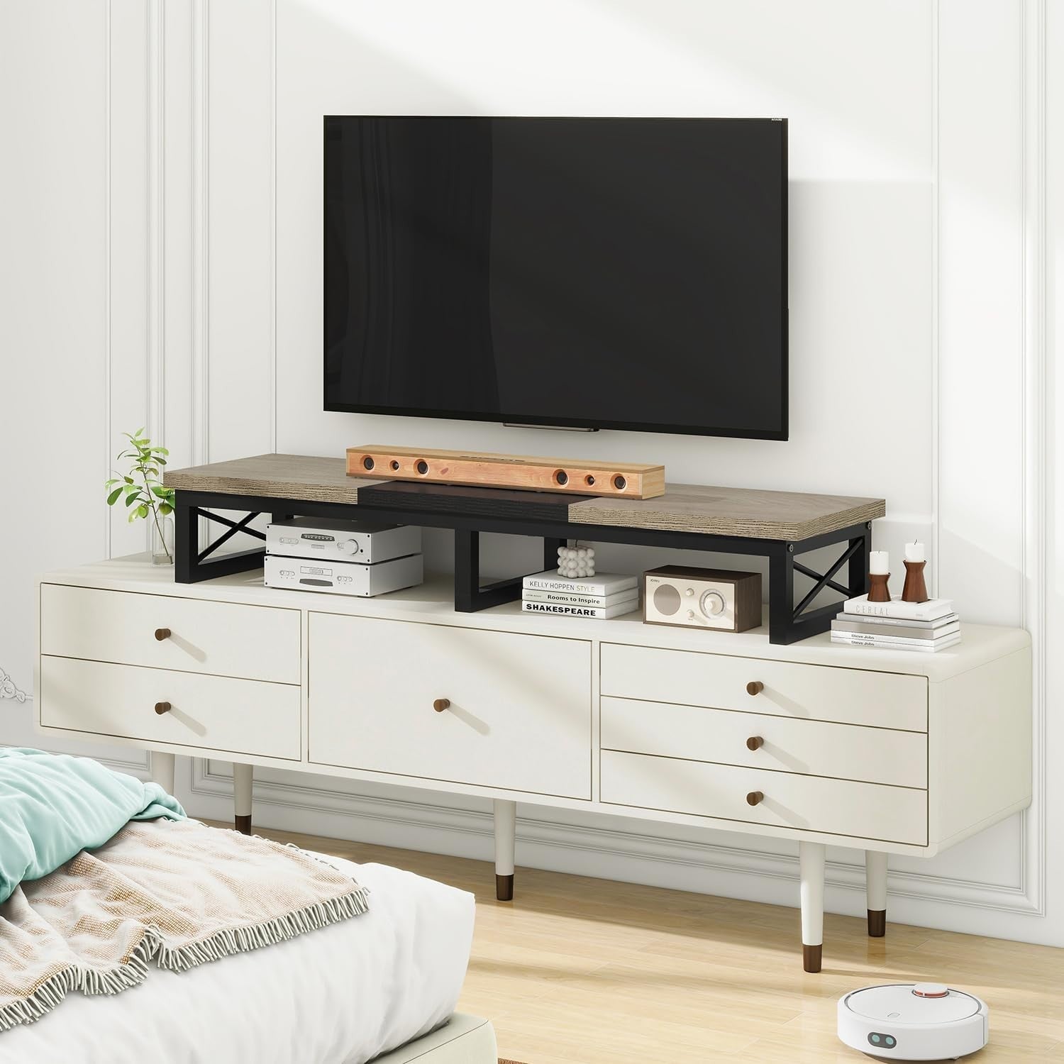 TV Monitor Riser for 32-60" with Shelf Storage, Steel Frame, Modern Desk