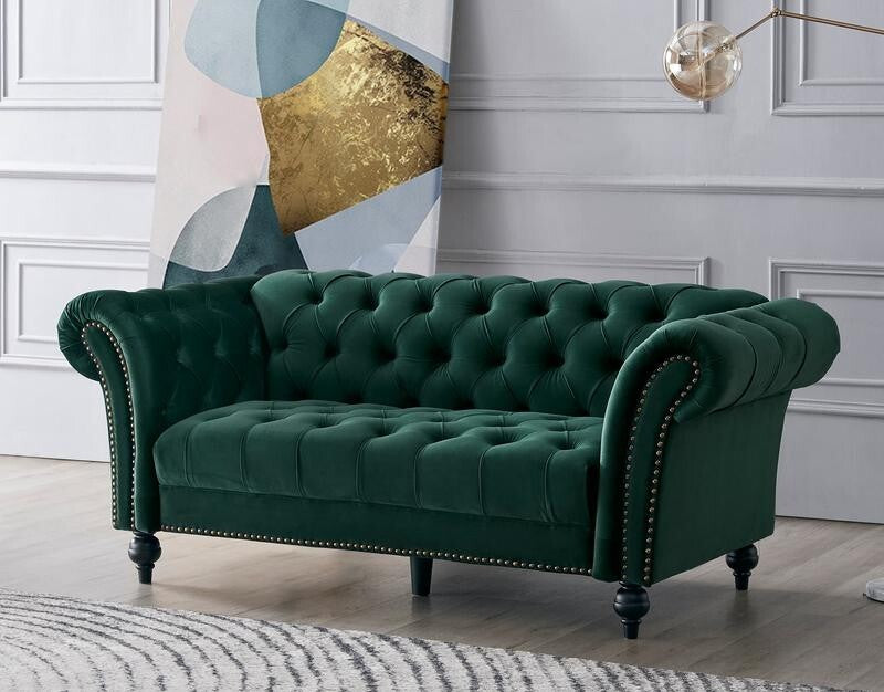Green Velvet 3 Seater Sofa Chesterfield Style | Button Tufted Scroll Arms