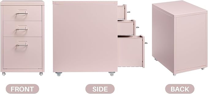 3 Drawer Metal File Cabinet with Wheels Under Desk Office Storage Unit, Rolling