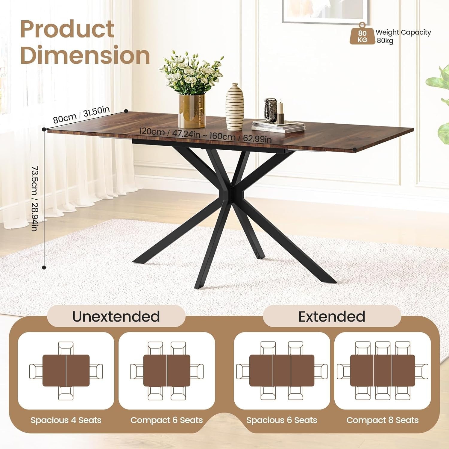 Extendable Dining Table 120-160cm Wood Effect Kitchen