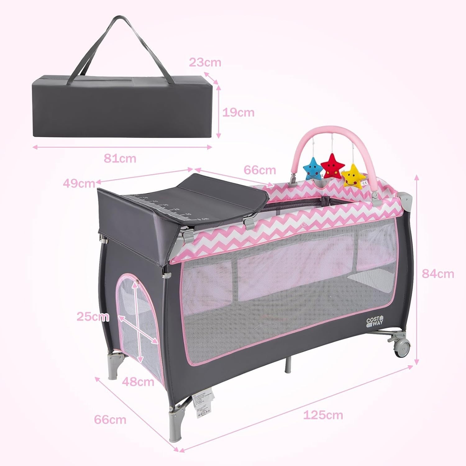 4in1 Travel Cot Baby Bedside Foldable Crib Bassinet Portable Playard Pink