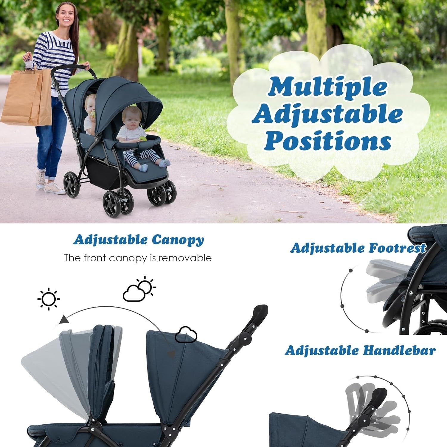 Twin Tandem Baby Stroller Navy Foldable Double Seat 5-Point Harness Sunshade
