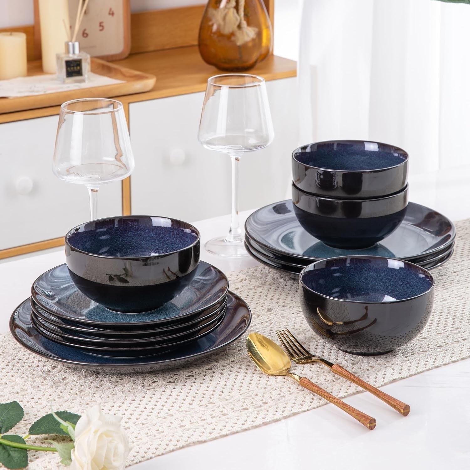 12 Piece Stoneware Dinner Set for 4 Blue Reactive Glaze Plates Bowls