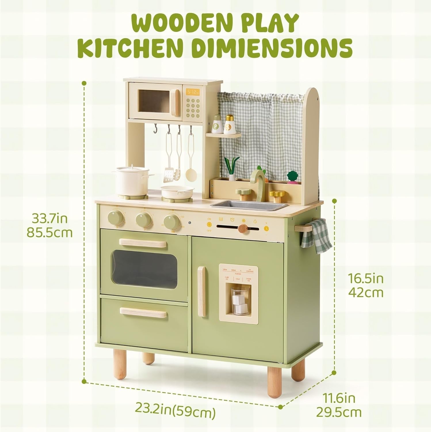 Wooden Kids Play Kitchen w/ Fridge Ice Dispenser Green Toy