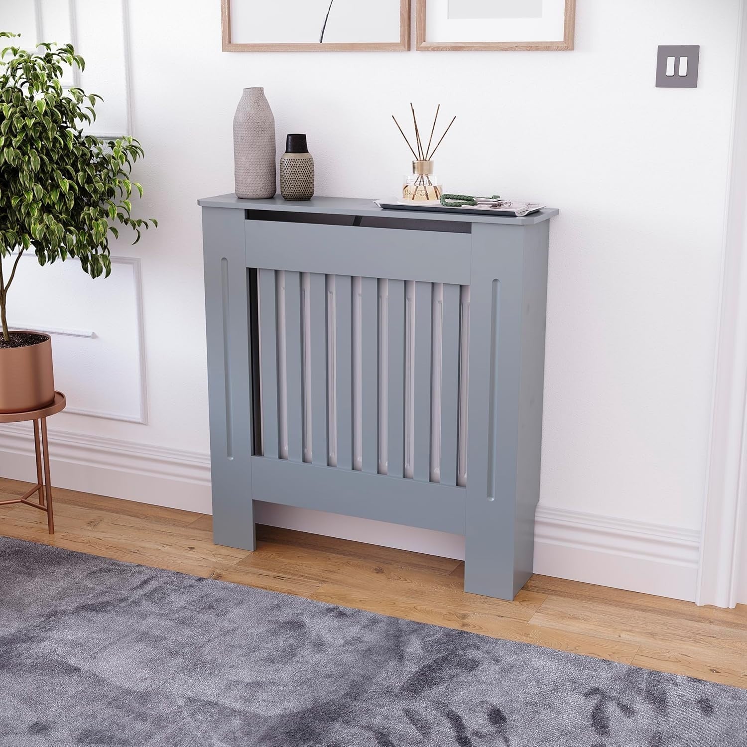 Small Dark Grey Radiator Cover Cabinet | Modern MDF Slatted Heater Cover