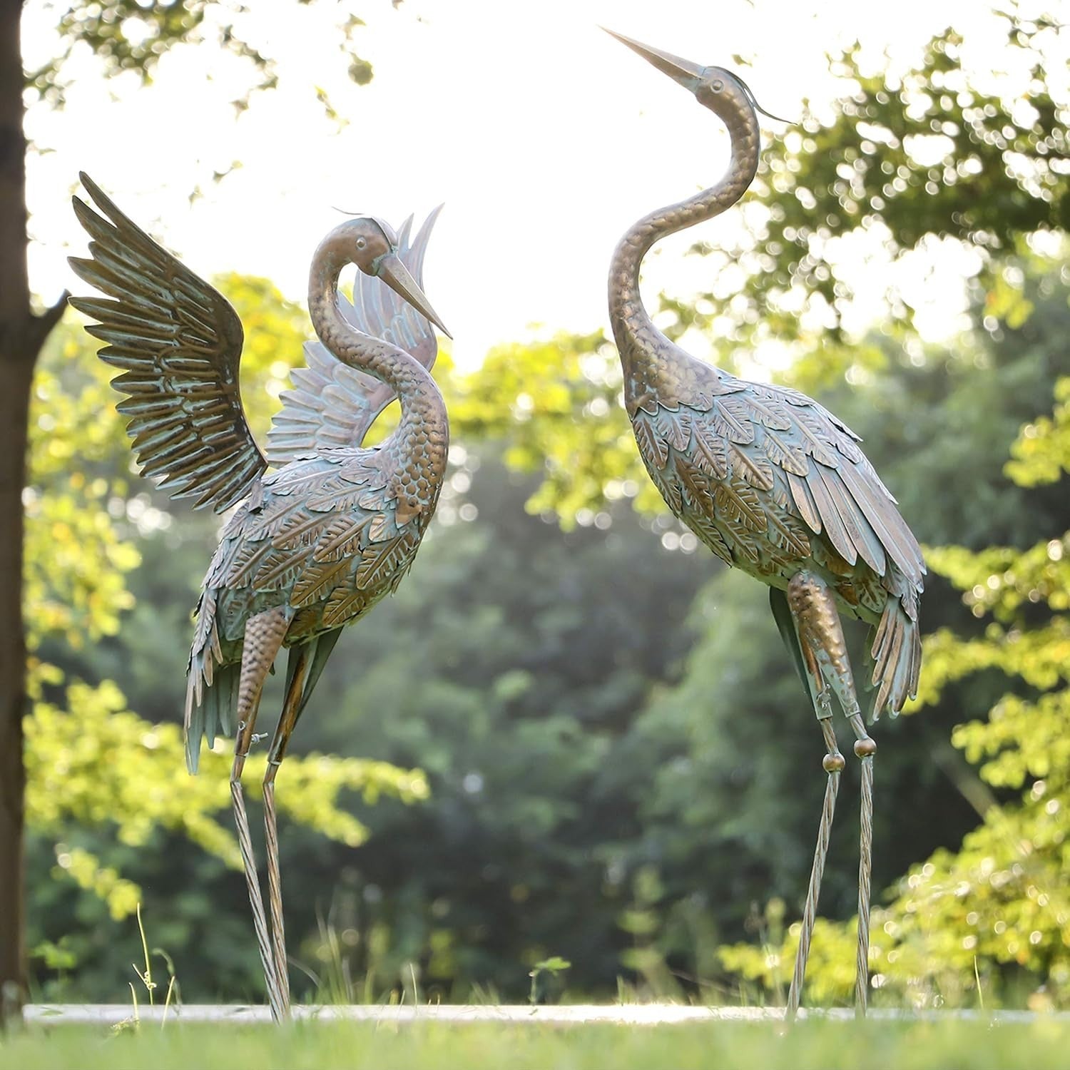 Metal Crane Garden Statues Pair 26in Gold Heron Sculptures Outdoor Yard Decor