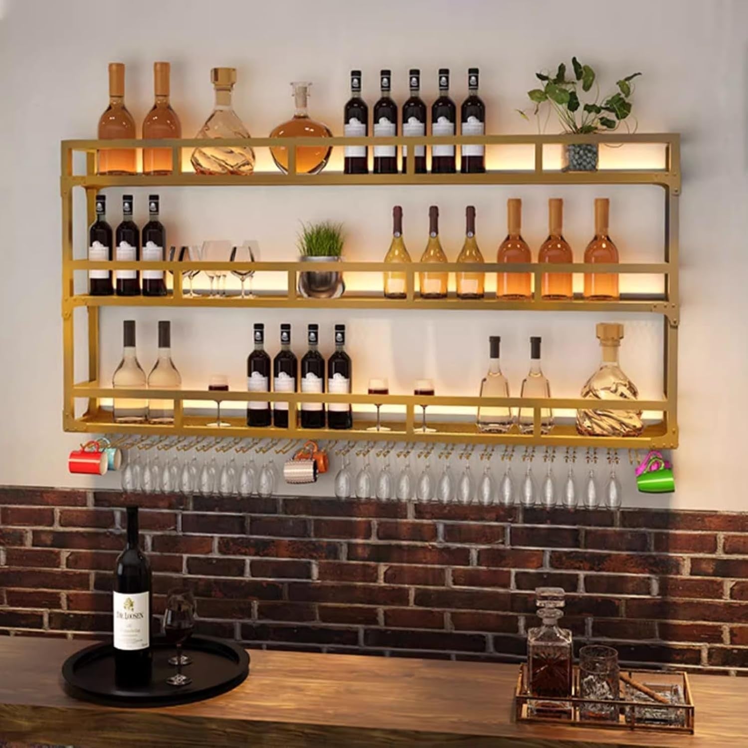 Wall Mounted Wine Rack With Glass Holder Bar Bottle Shelf Gold Metal 180x25x90cm