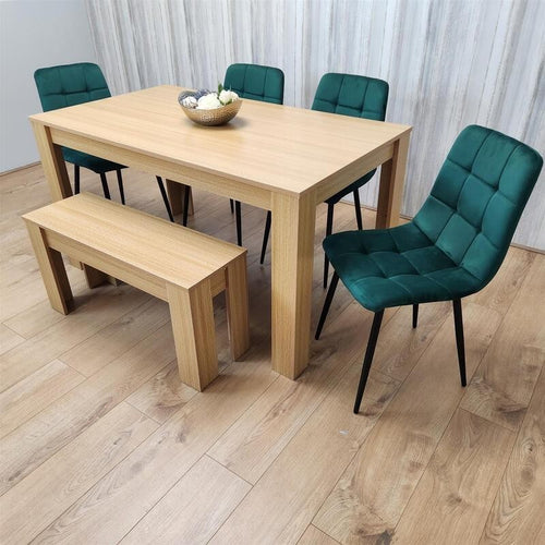 6 Seater Oak Effect Dining Table Set with Green Velvet Chairs & Bench Wood