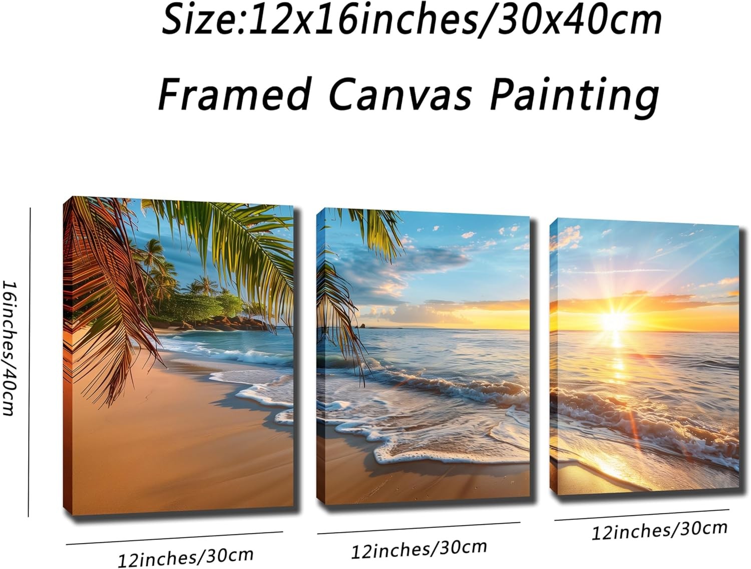 Beach Sunset Canvas Wall Art 3 Panel 12"x16" Ocean Home Decor