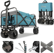 Light Blue Heavy Duty 440lb Folding Wagon Trolley w/ Wide Wheels & Brake
