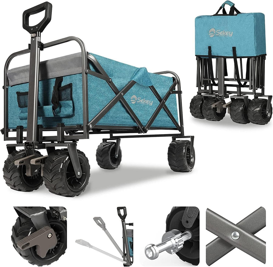 Light Blue Heavy Duty 440lb Folding Wagon Trolley w/ Wide Wheels & Brake