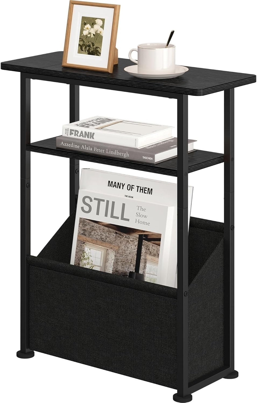 Slim Side Table with Basket Storage – 3-Tier Narrow Bedside Sofa Table Black