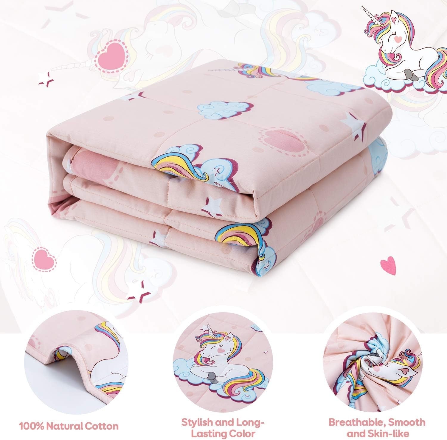 1.4kg Weighted Blanket Pink Unicorn 90x120cm 100% Cotton for Calming Sleep