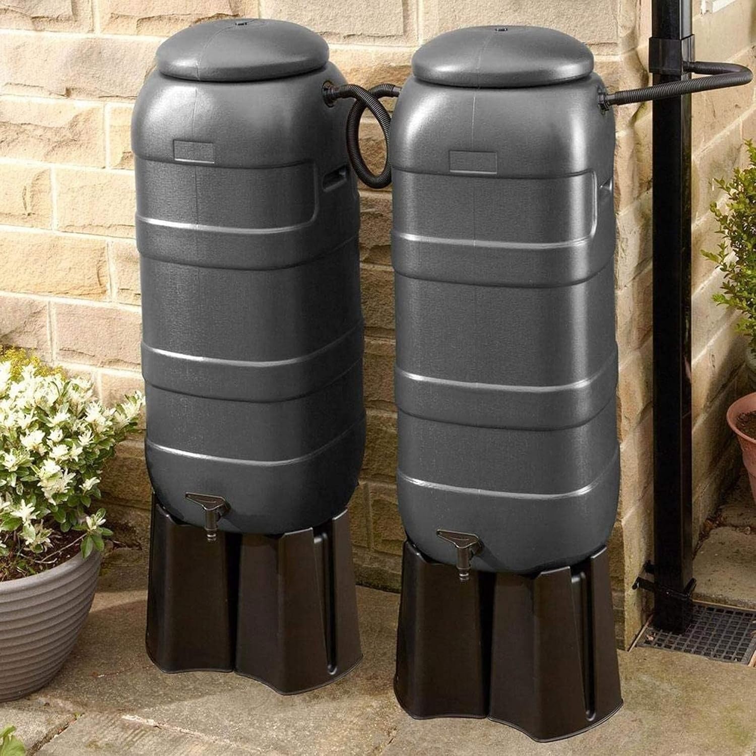 2x 100L Slim Line Garden Rainwater Butts With Taps Stands & Diverter Kits