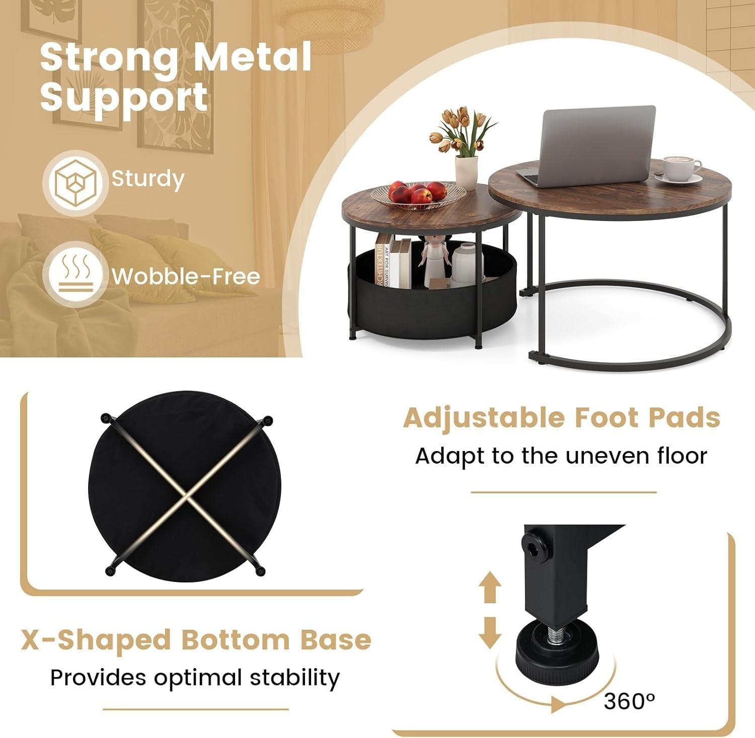 Nesting Coffee Table Set of 2 Round Side End Tables Rustic Industrial Metal