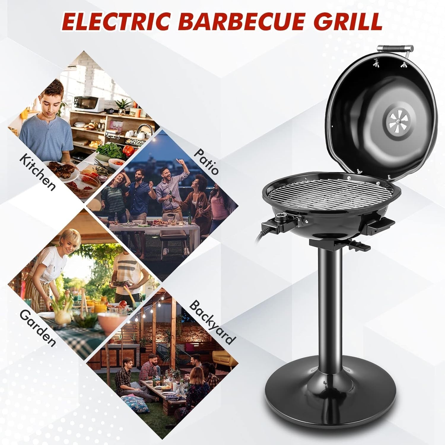 1600W Electric BBQ Grill with Stand | Non-Stick Rack, Adjustable Temp