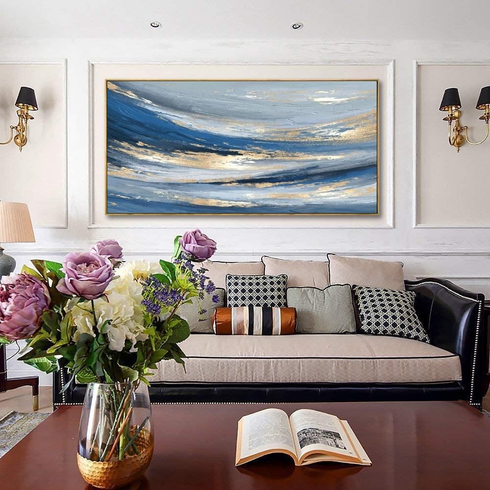 Blue Gold Abstract Canvas Wall Art – Large Framed Painting 40x20in