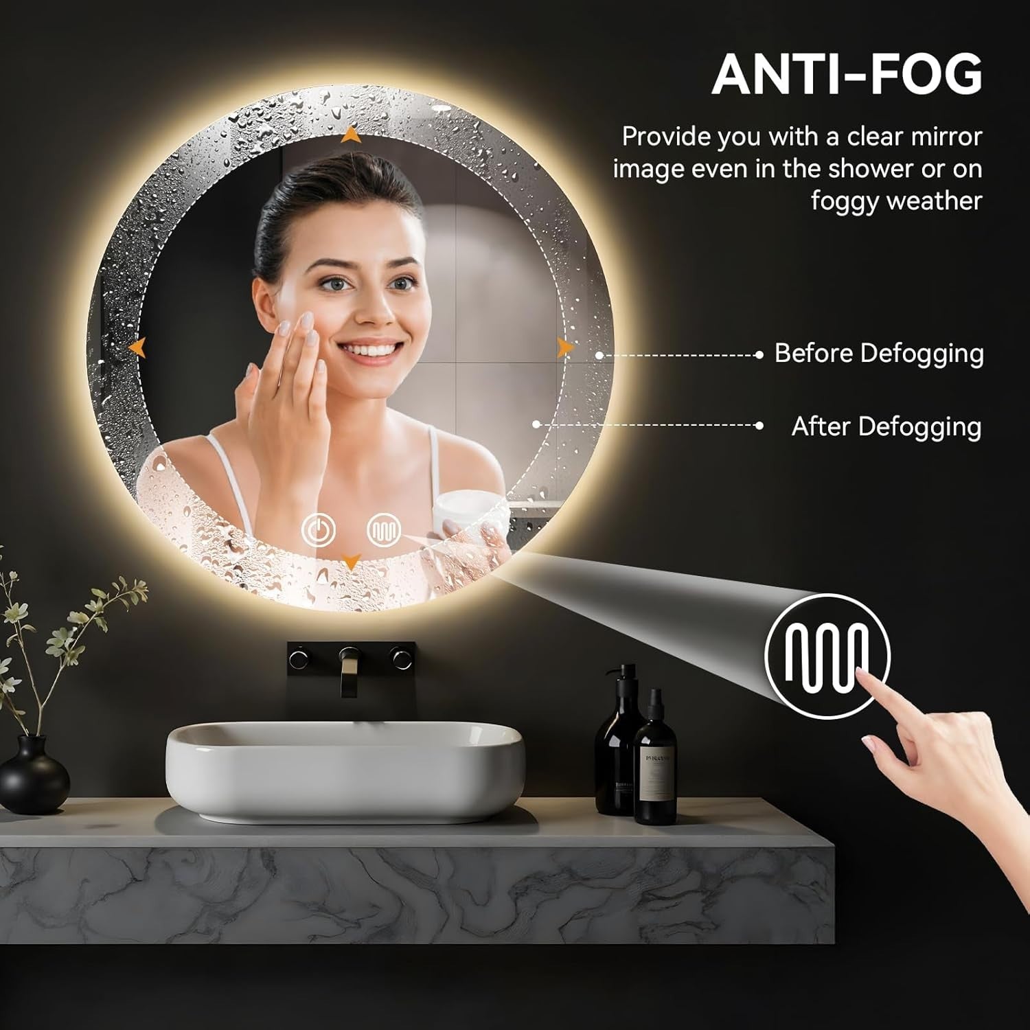 LED Round Bathroom Mirror 50cm Wall Mounted Anti-Fog Light Touch Sensor