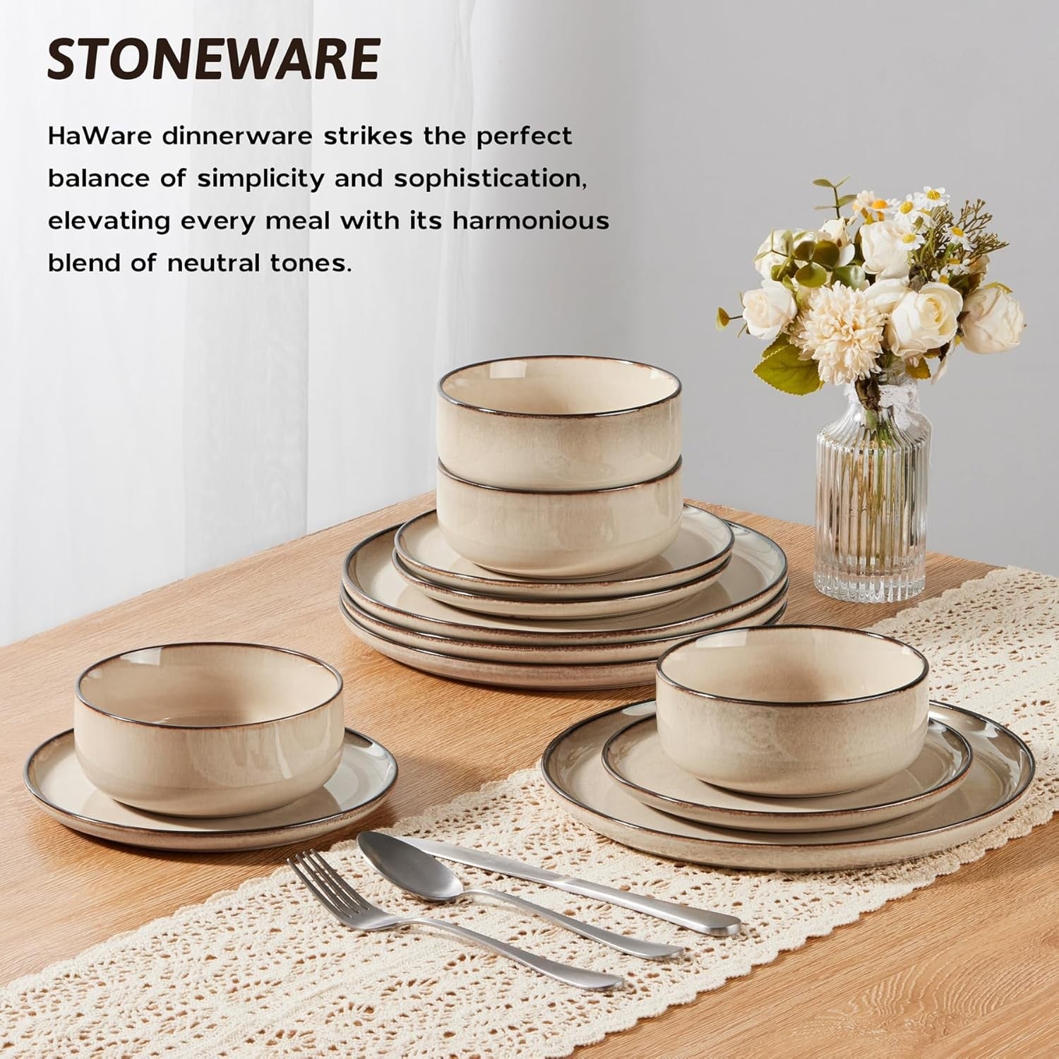 12pc Stoneware Dinner Set for 4 Cream Plates Bowls Microwave Safe