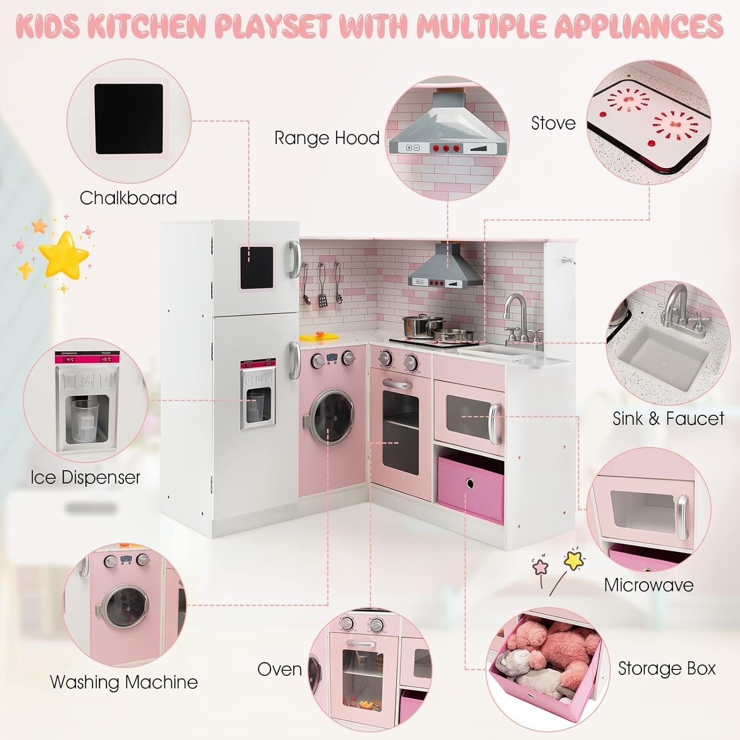 Corner Kids Play Kitchen Lights Sounds Pink Wooden Chef Toy Set