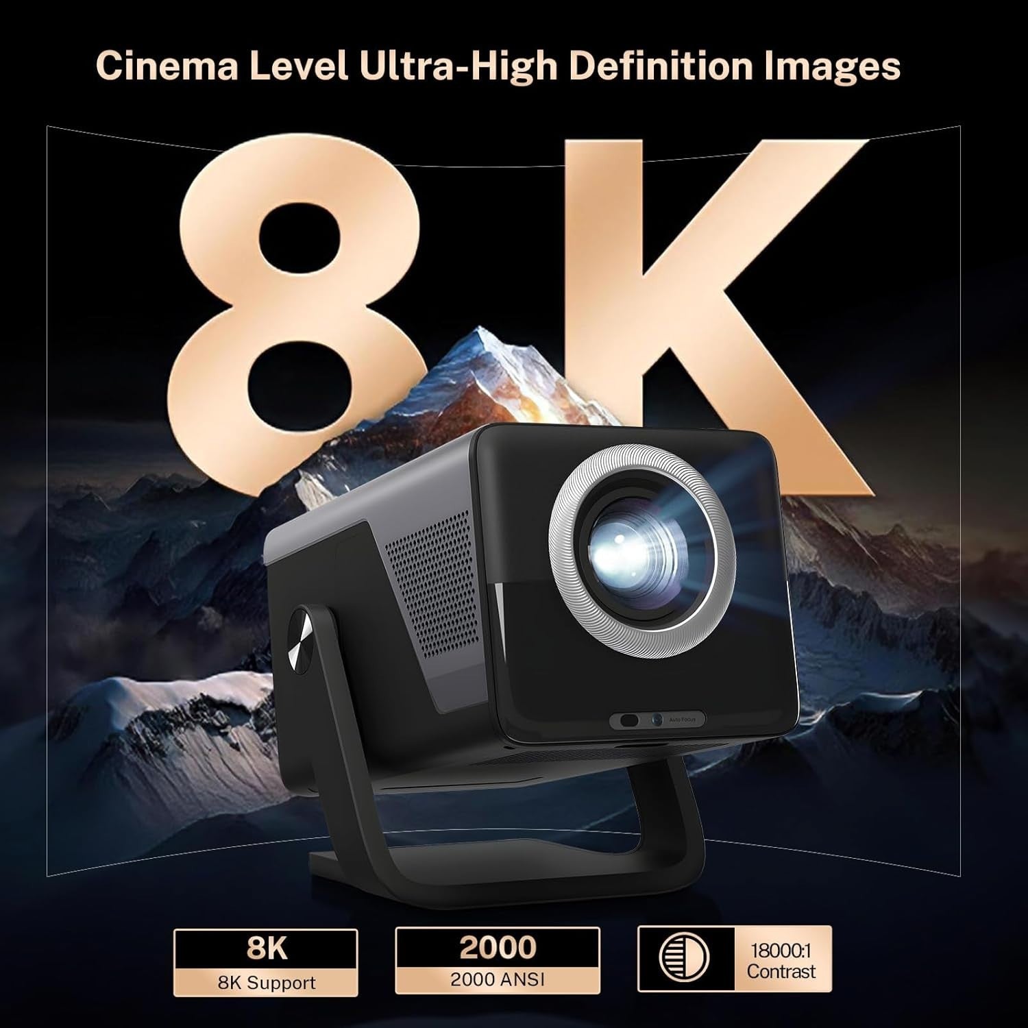 8K Smart Projector 2000 ANSI 1080P Android 14 WiFi 6 Bluetooth