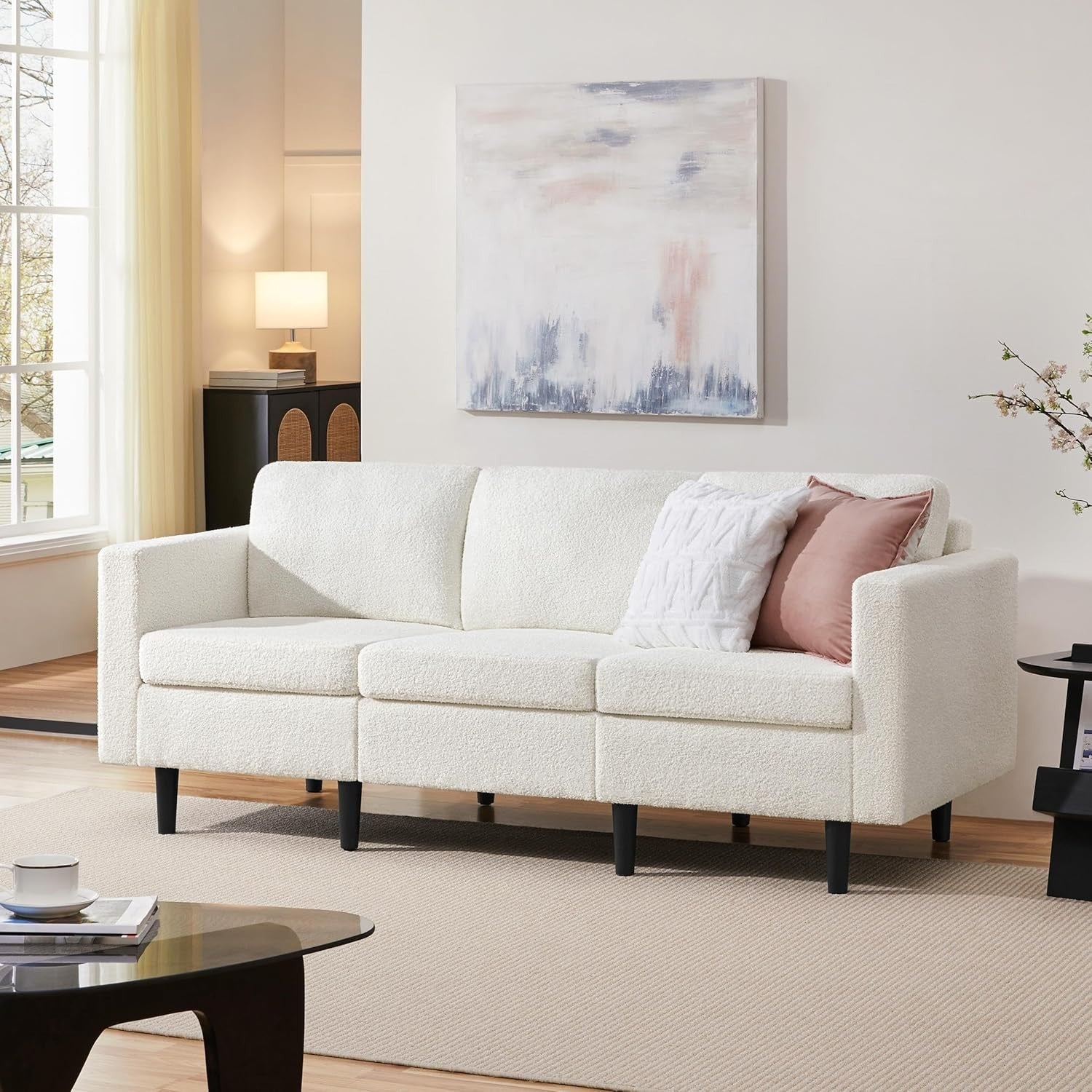 Ivory Bouclé 3 Seater Sofa Modern Compact Couch for Lounge Office