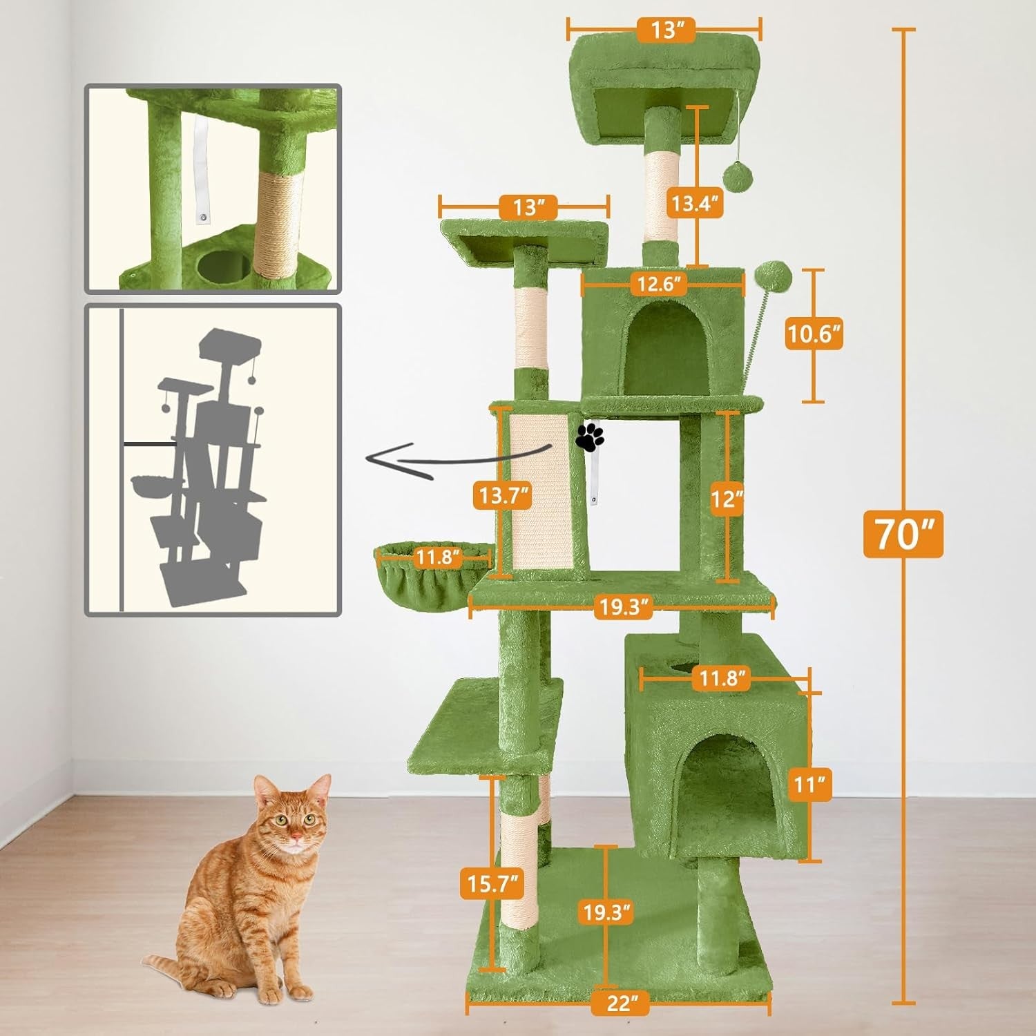 Large Cat Tree Tower 177cm Multi Level Hammock Sisal Scratching Posts