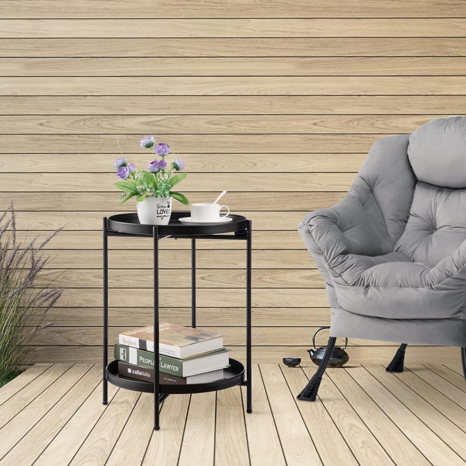 Black Metal Round Side Table – Removable Tray, Small 2 Tier Coffee Table