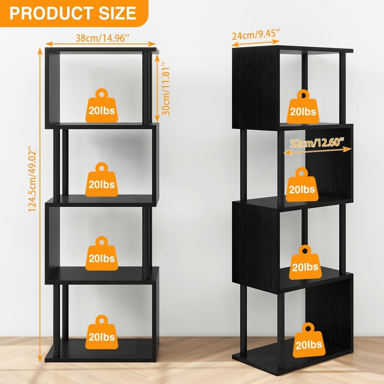 5 Tier S Shaped Bookcase Black Modern Wood Display Storage Shelf 155cm