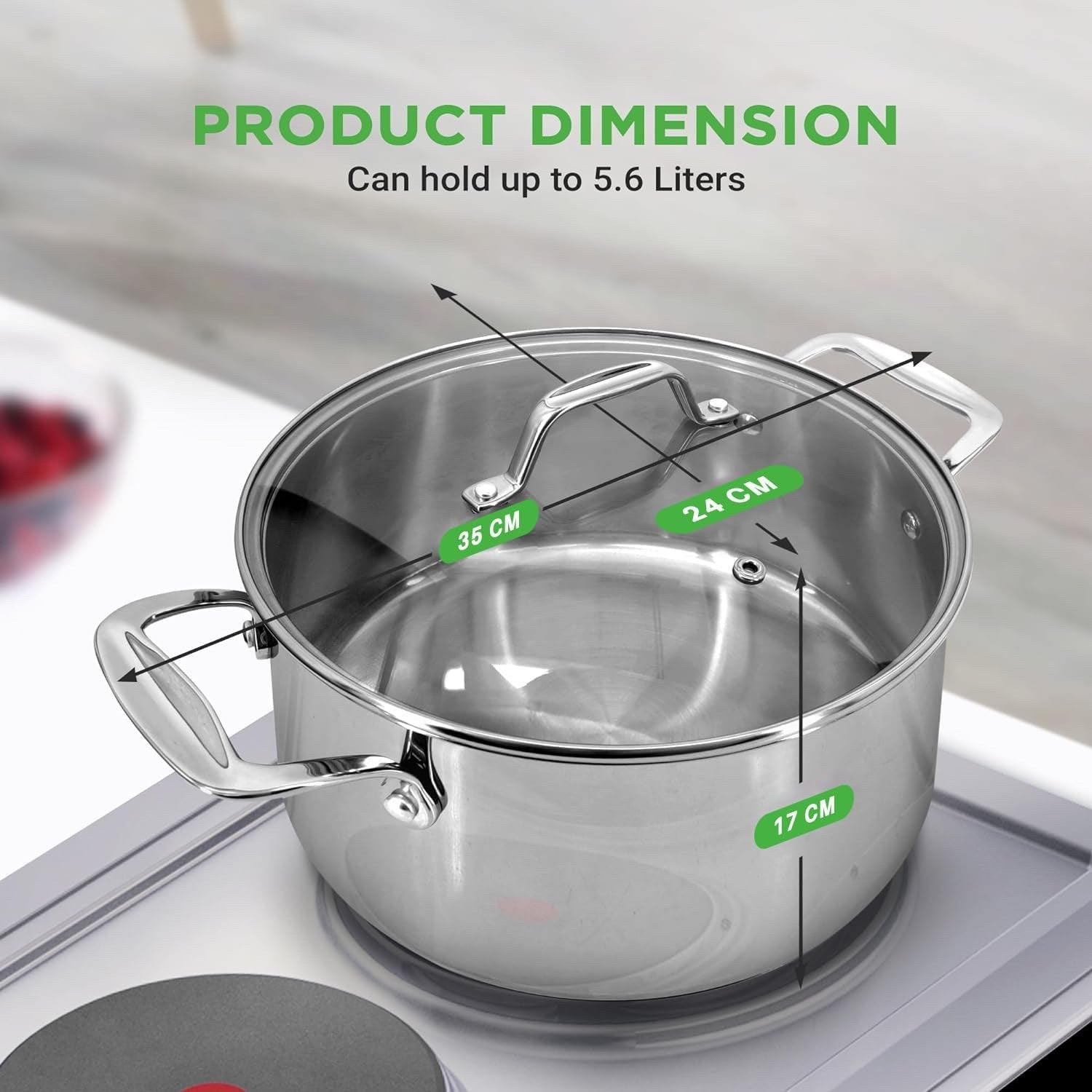 5.7L Stainless Steel Stock Pot with Glass Lid Induction Ready Heavy Duty Soup