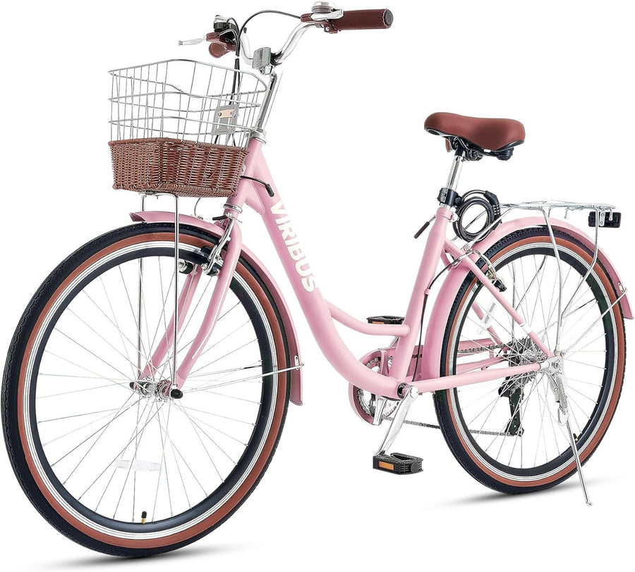 66cm Women’s Comfort City Bike with 7-Speed, Basket & Rear Rack, Pink