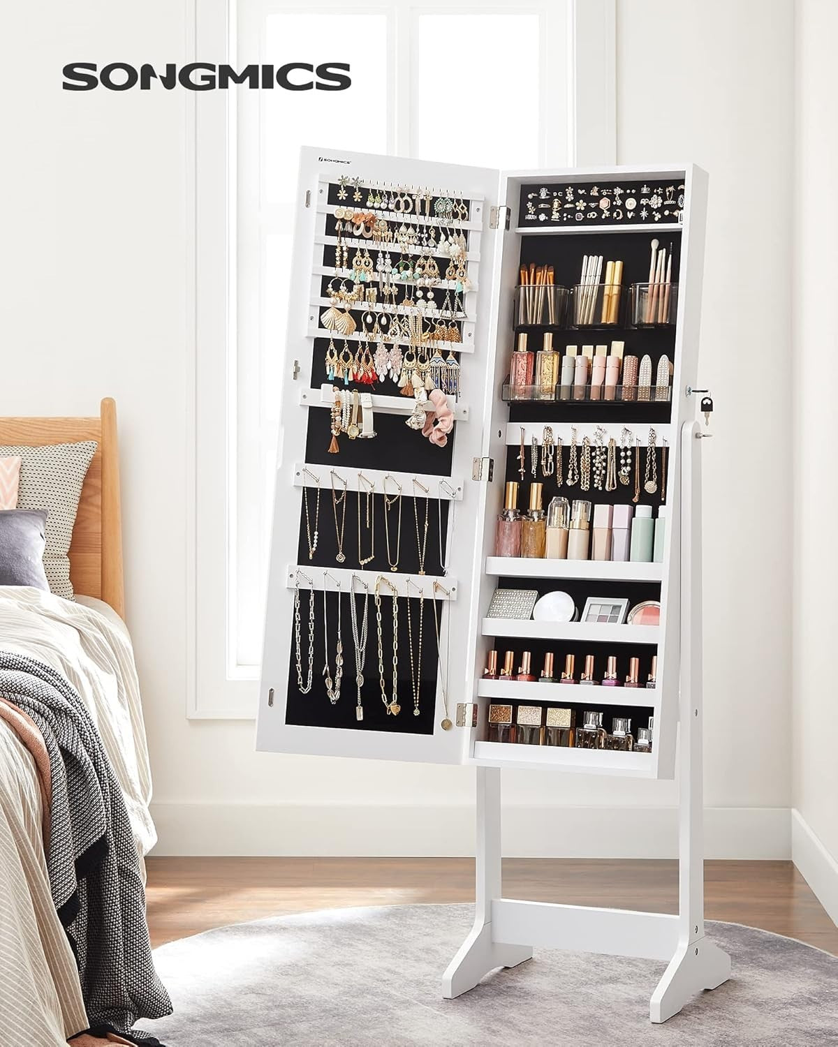 Cloud White Lockable Jewelry Cabinet Mirror Freestanding Storage Organizer