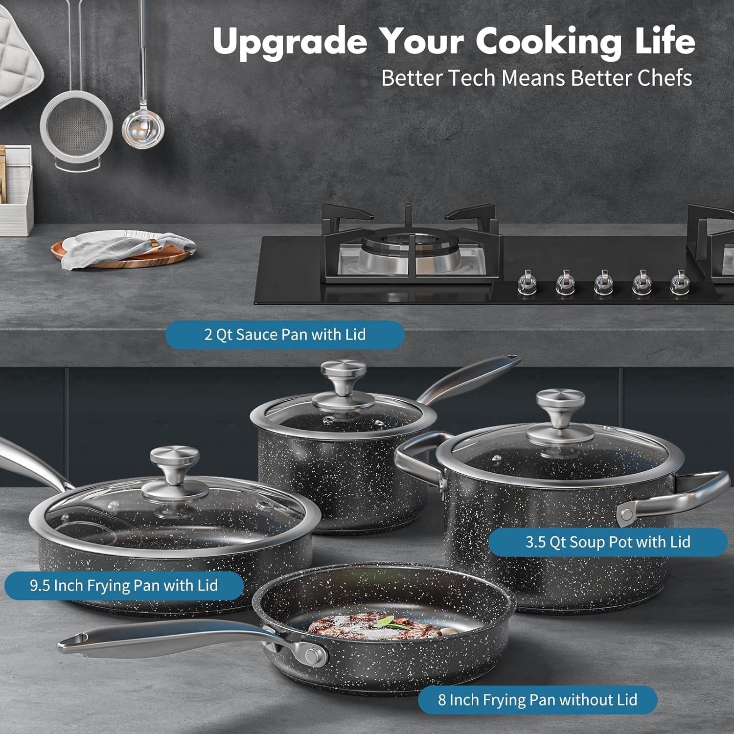 7pcs Black Granite Non Stick Cookware Set – Induction Compatible Pots & Pans
