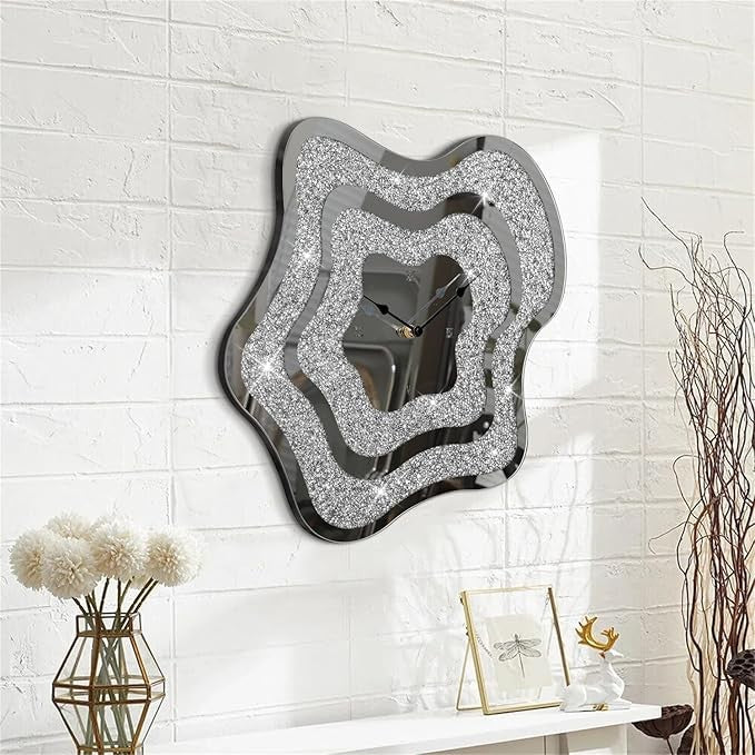 Irregular Mirror Crushed Diamond Wall Clock Silver Crystal Sparkly 40cm Decor