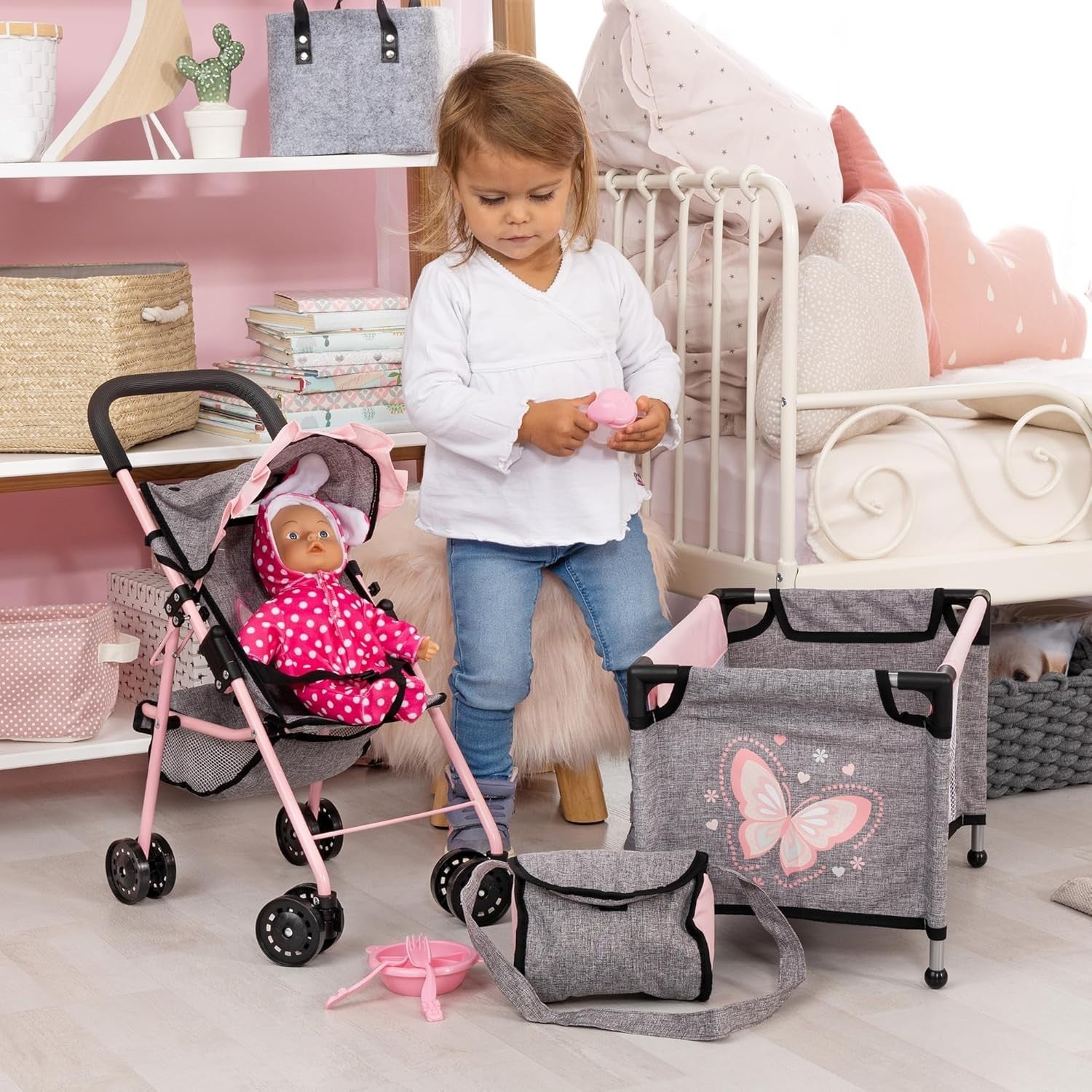 Pink Doll Stroller Pram Set 10pc Pushchair Cot Play Mat Accessories 46cm