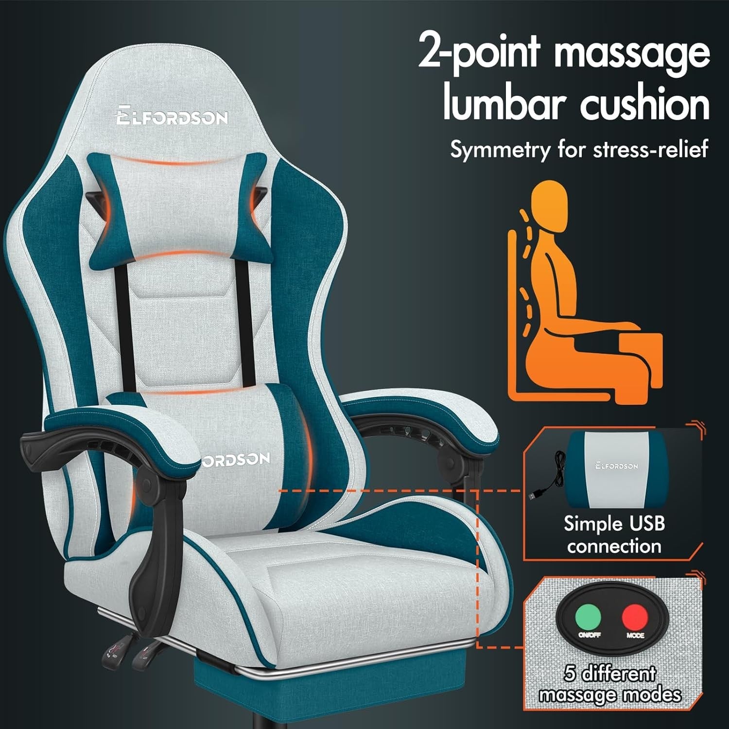 Gaming Chair w/ Massage Lumbar Recliner High Back Footrest Teal