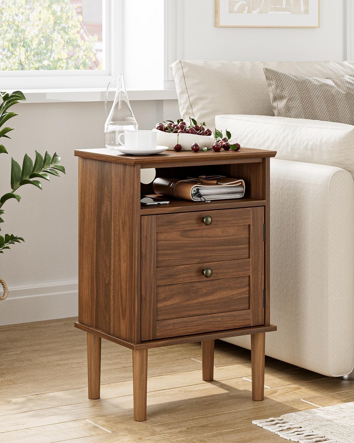Walnut Wooden Bedside Table with Door & Open Shelf | Vintage Farmhouse