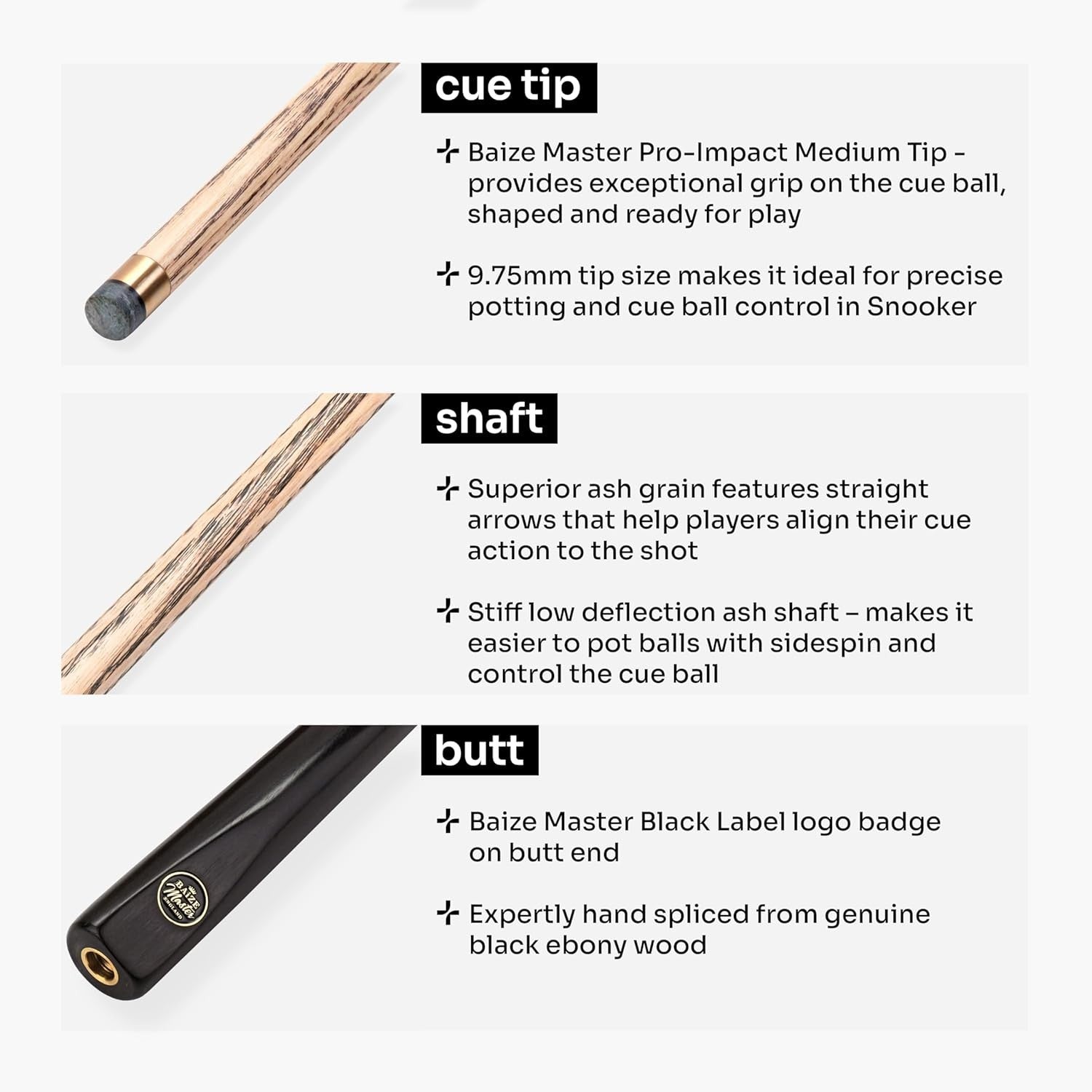 58in 3/4 Joint Snooker Cue Ebony Butt Ash Shaft 9.75mm Pro Tip