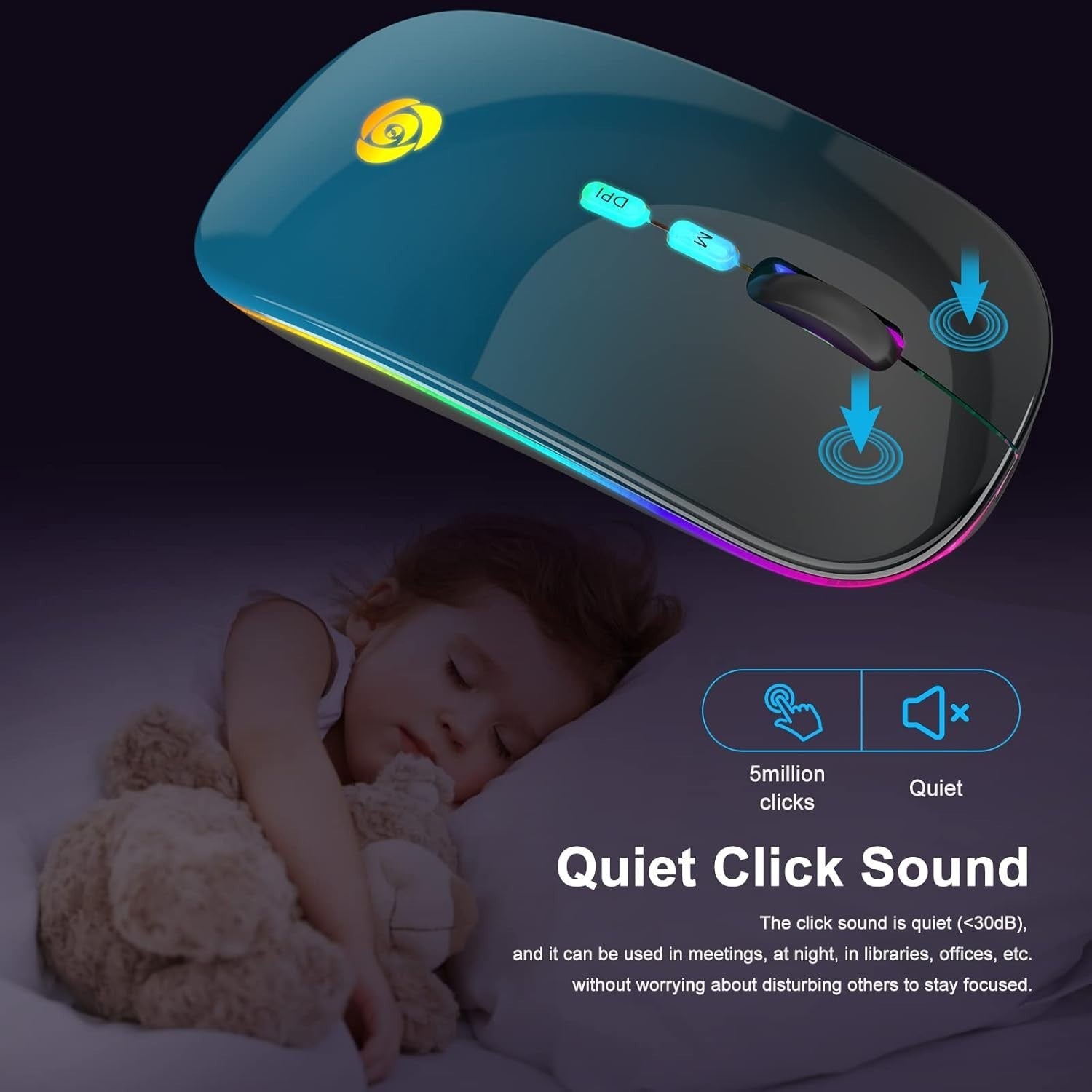 Wireless Bluetooth Mouse Rechargeable Silent RGB Type-C Blue