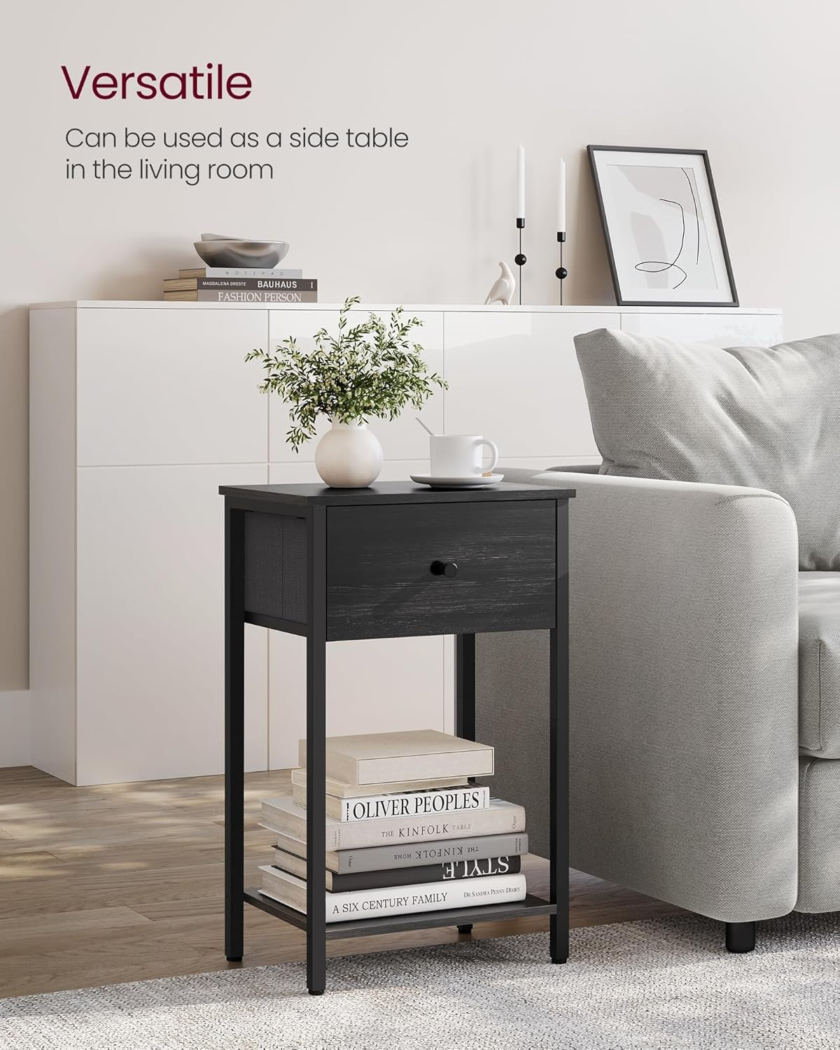 Set of 2 Tall Black Bedside Tables with Fabric Drawer & Storage Shelf