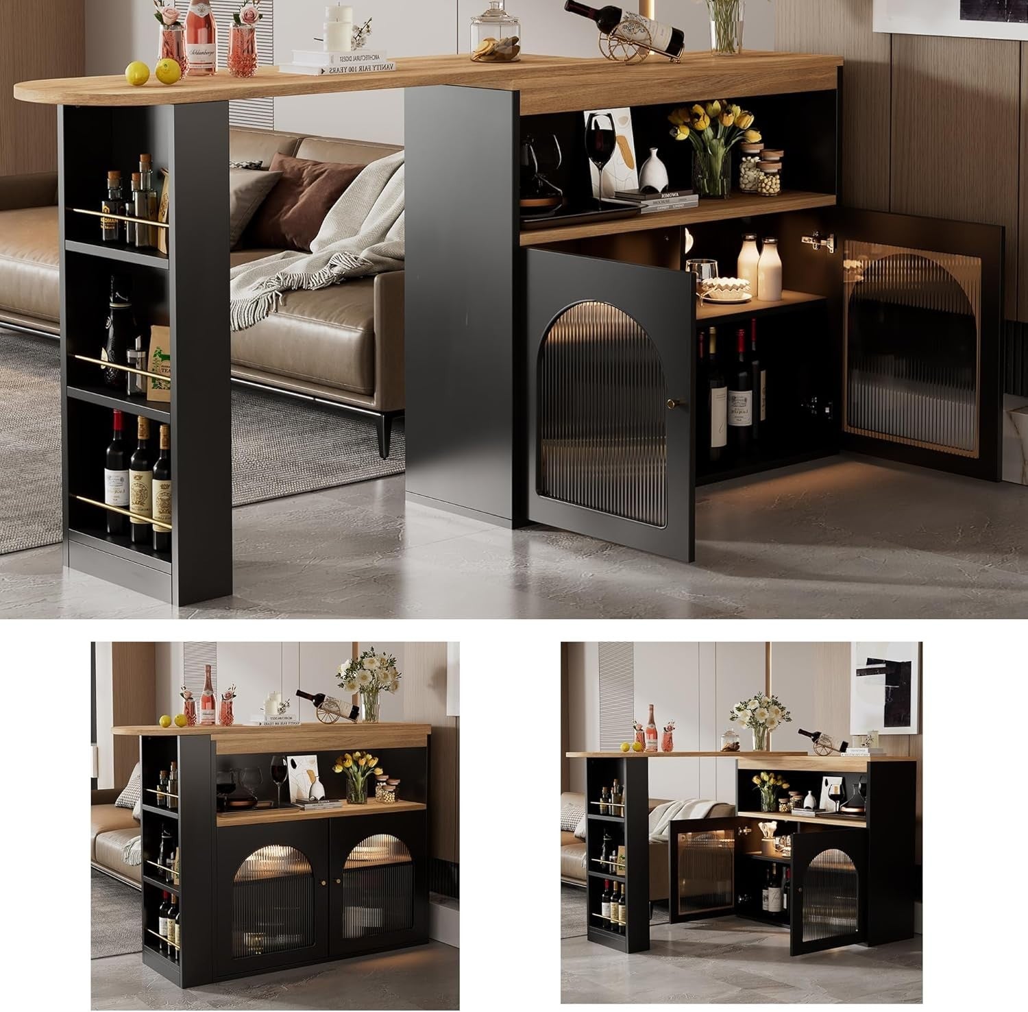 360° Swivel Bar Table LED Strip & 3 Tier Storage Shelves Modern Black Furniture