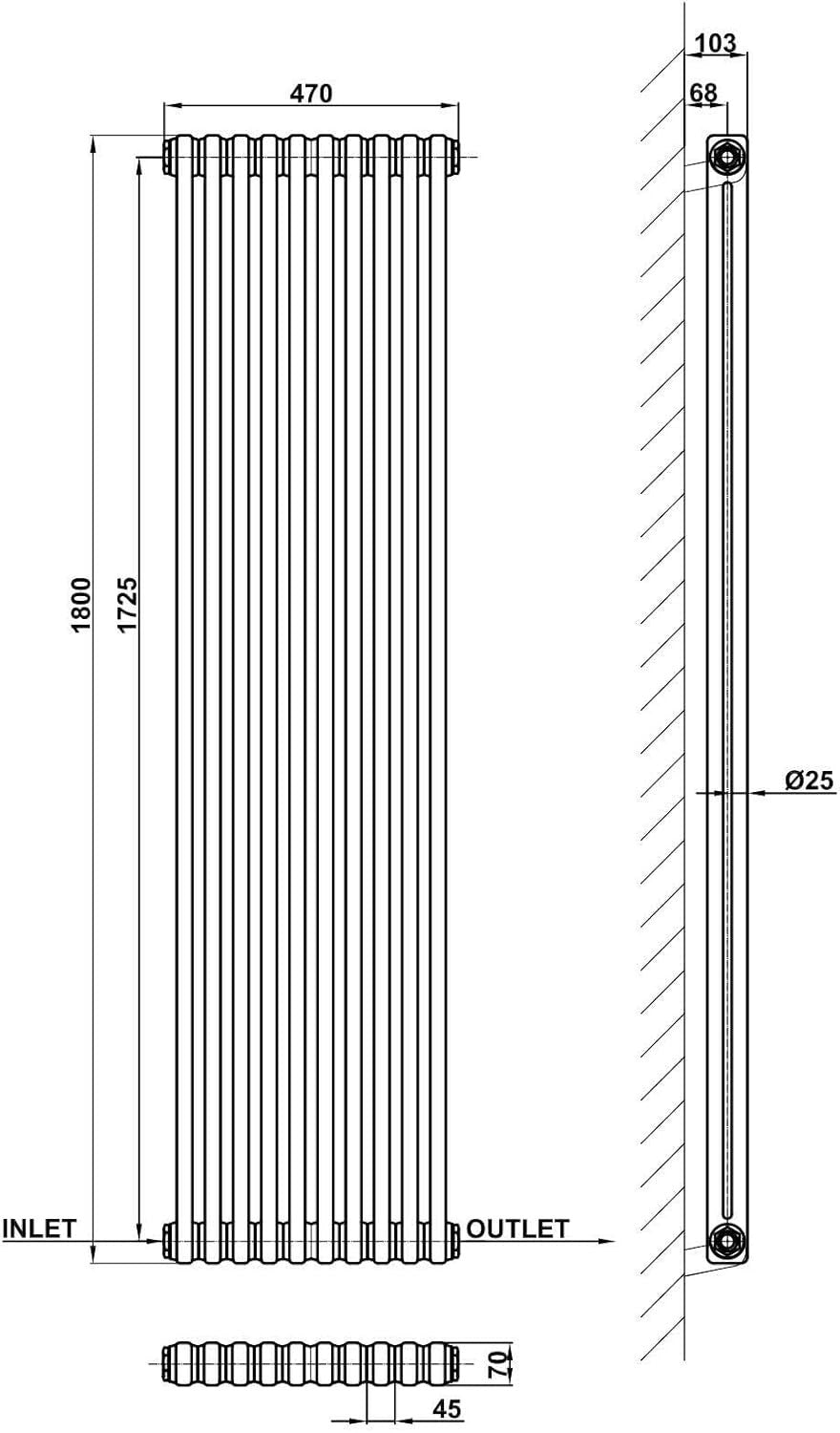 White 2 Column Vertical Radiator 1800x470mm Modern Cast Iron Style