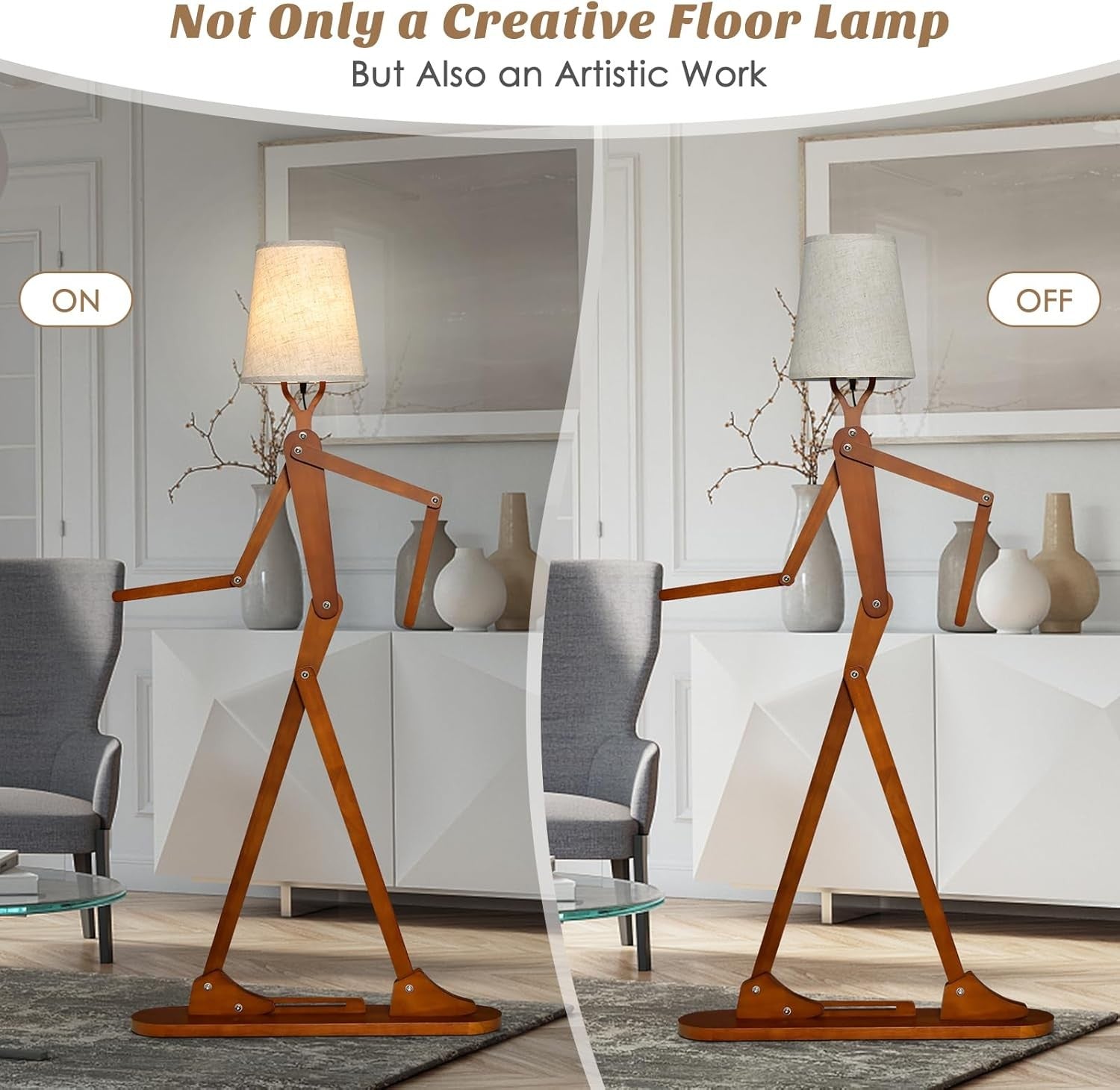 Wooden Floor Lamp Adjustable Joints Fabric Shade Creative Standing Light