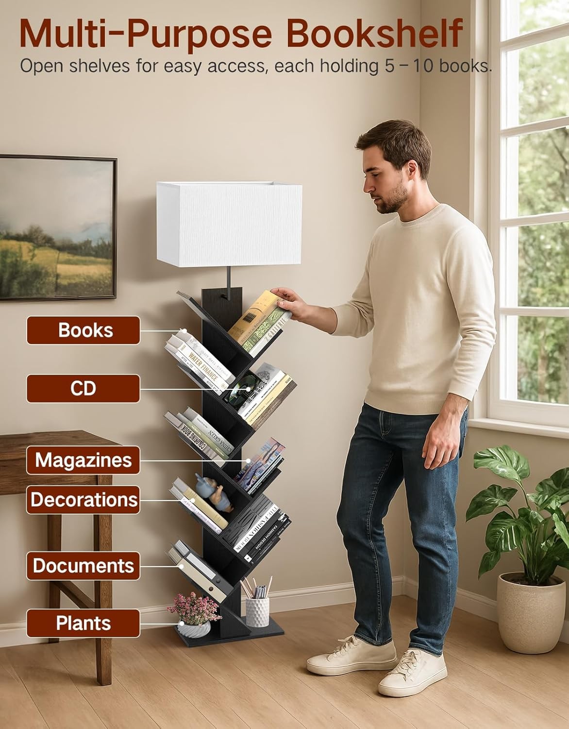 9 Tier Tree Bookshelf Floor Lamp with Light Remote Narrow Bookcase