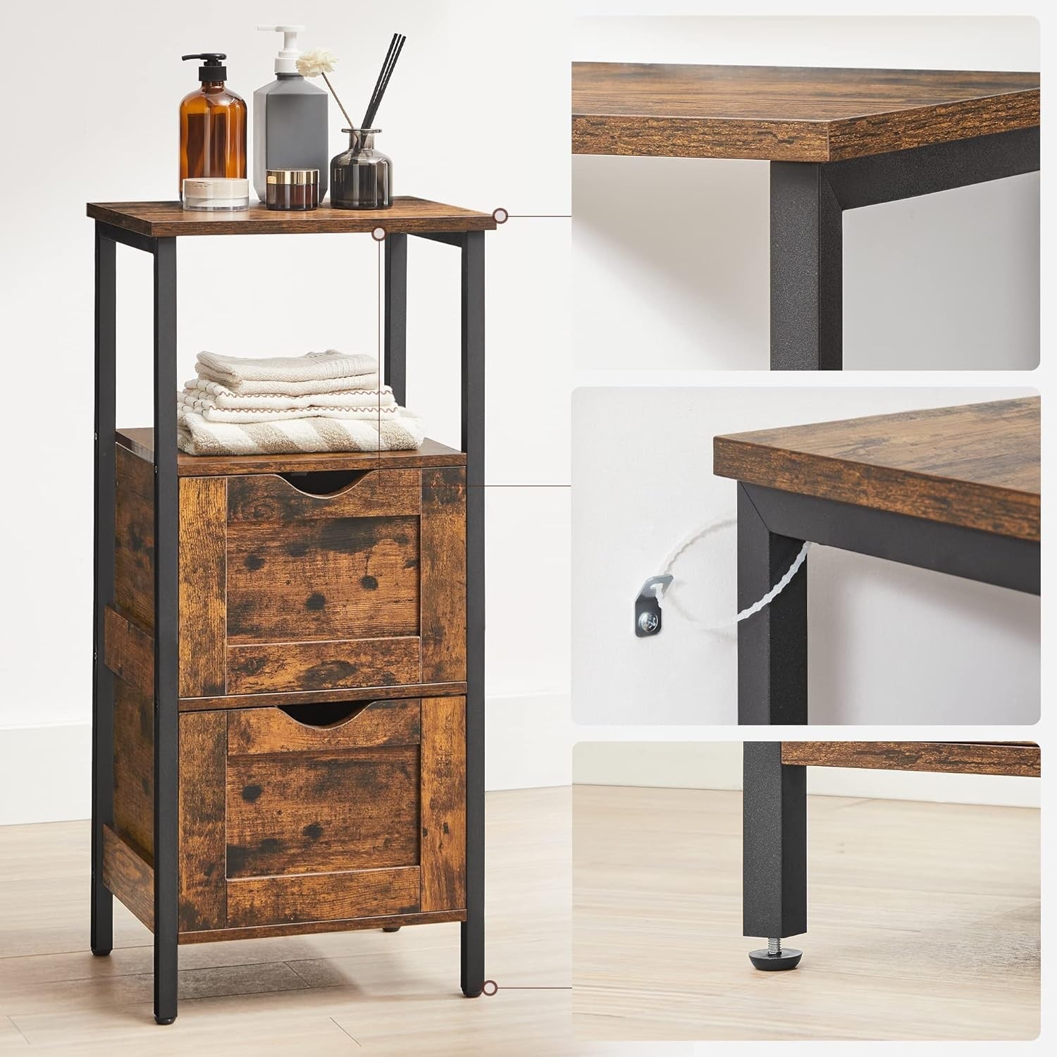 Rustic Brown Bathroom Cabinet – 2 Drawers + Open Shelf Industrial Storage Unit