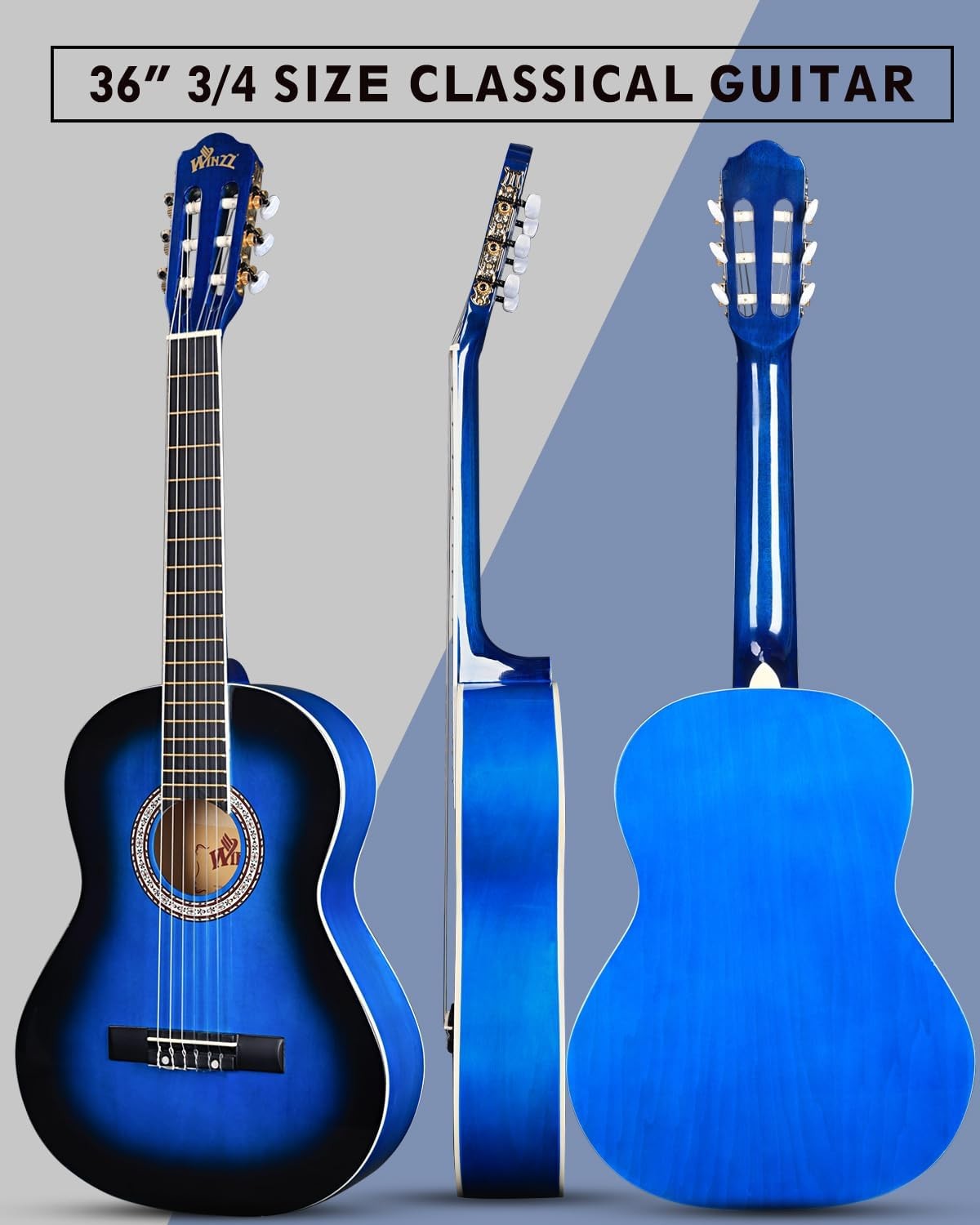 36in 3/4 Classical Guitar Kids Beginner Nylon String Blue