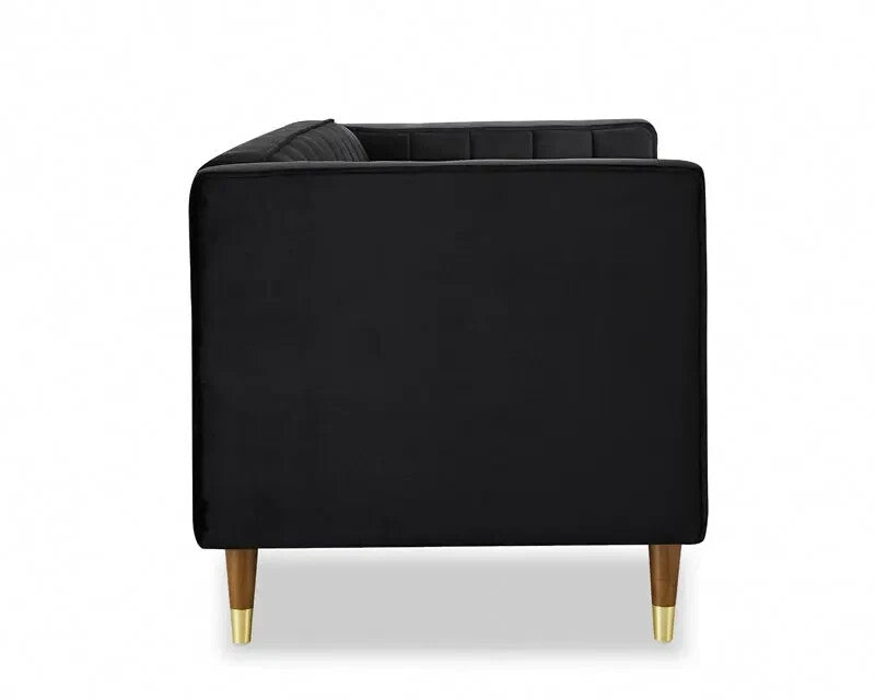 Black Velvet 2 Seater Sofa Ribbed Back Compact Couch Gold Legs UKFR