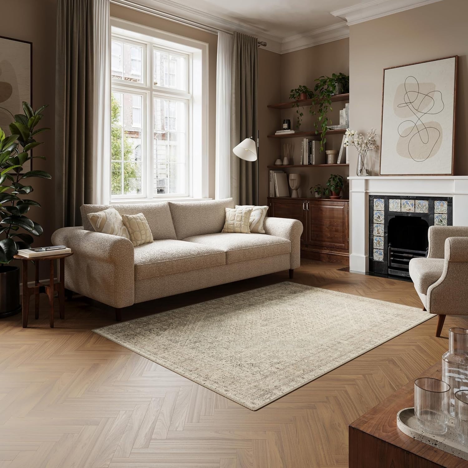 Washable Rug 152x213cm Non-Slip Soft Vintage Beige Carpet Living Room Bedroom