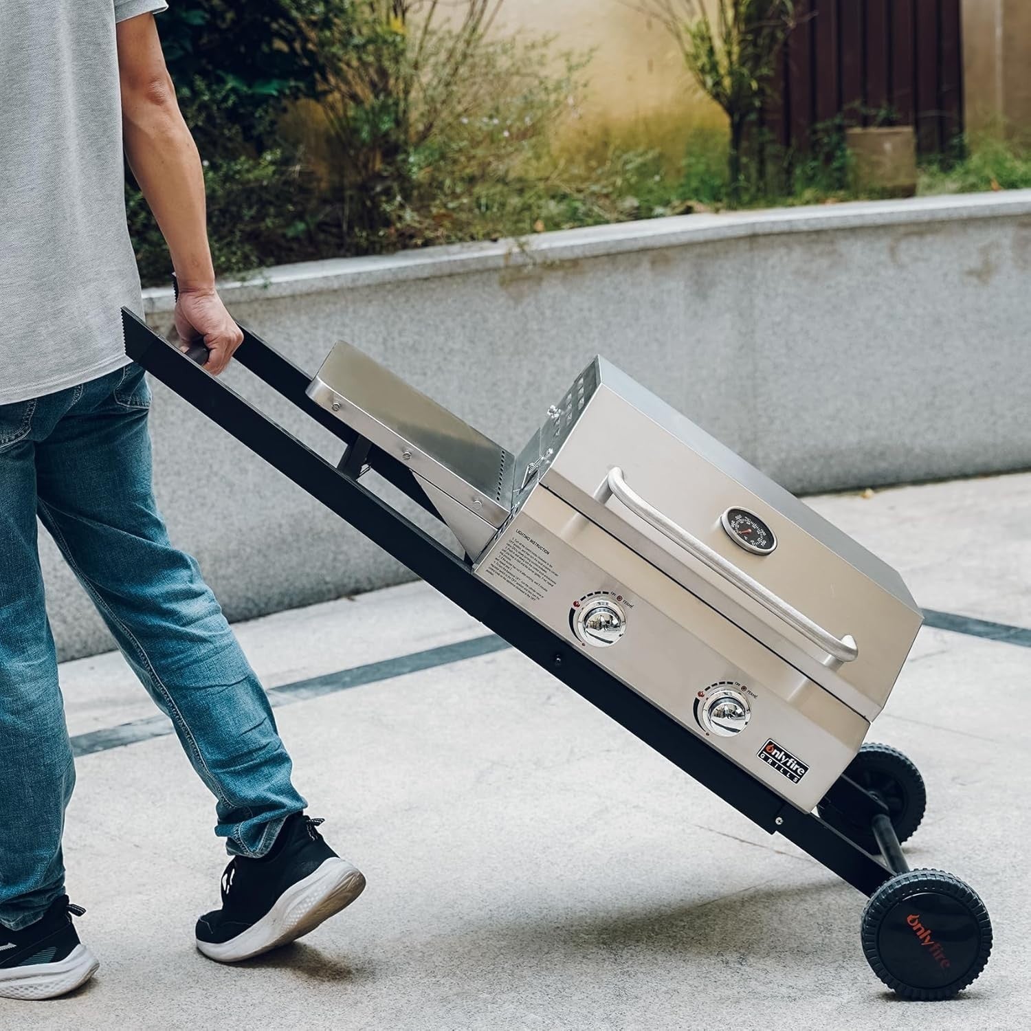 2 Burner Portable Gas BBQ Grill with Folding Trolley, Lid & Thermometer Outdoor