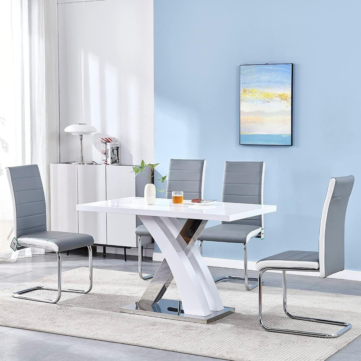 High Gloss White Dining Table Set with 4 Grey Chairs | Modern Extendable